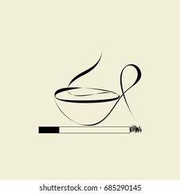 A cigarette and a cup of coffee from the cigarette smoke