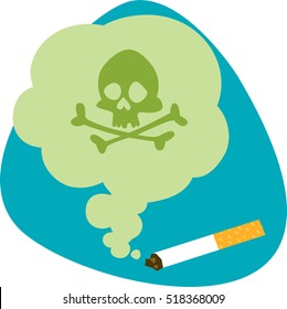 Cigarette with deadly smell. Green cloud with skull and crossbones. Isolated symbol. On aquamarine background.