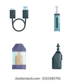 Cigarette device icons set cartoon vector. Electronic cigarette accessory. Alternative smoking