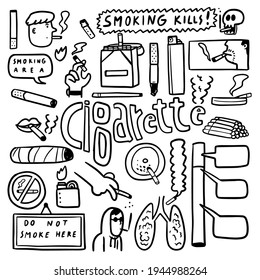 
garabato de cigarrillos conjunto mano dibujar blanco y negro 