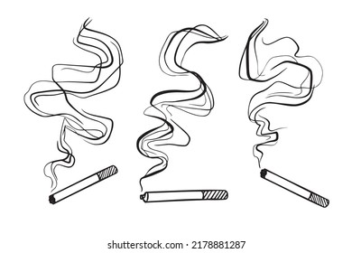 Cigarette drawing single one with a lot of thick smoke. Simple outline doodle hand drawn style. Vector illustration