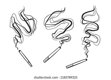 Cigarette drawing single one with a lot of thick smoke. Simple outline doodle hand drawn style. Vector illustration