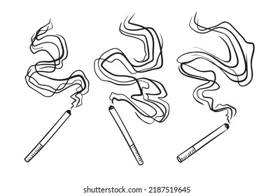 Cigarette drawing single one with a lot of thick smoke. Simple outline doodle hand drawn style. Vector illustration