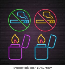 Cigarette Fire Icon Set Neon Light Glowing Vector Illustration