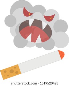 cigarette and a ghost from smoke with sharp fangs and evil eyes. concept of addiction and addiction cartoon character on a white background