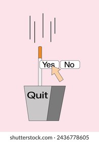 Die Zigarette geht in den Mülleimer und man muss eine Wahl treffen: "ja" oder "nein" mit dem Mauszeiger in der Nähe. Hellrosa Hintergrund. World no Tobacco Day Vektor-Illustration. Soziale Fragen.