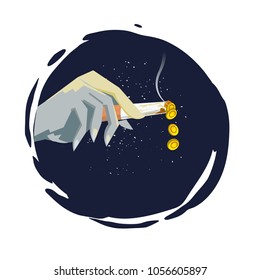 cigarette in hand with falling ash as coin money. stop smoking for saving money - vector illustration