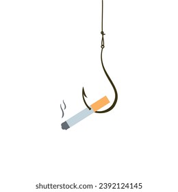 A cigarette hangs on a fishing hook.