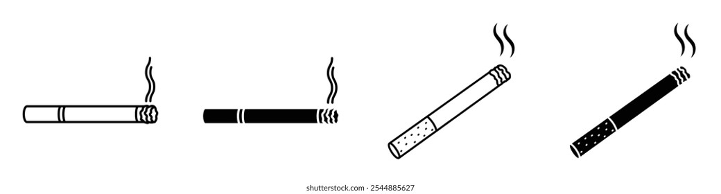 Coleção de ícones de cigarro em preto e branco preenchido e estilo vetorial sólido.