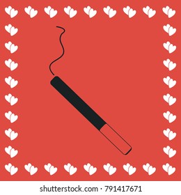 Cigarette icon flat. Simple black pictogram on red background with white hearts for valentines day. Vector illustration symbol