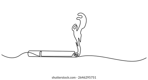 Cigarette Icon Line Art, Um contínuo desenho único linha arte rabiscar cigarro, fumaça, Smoke Line Icon, Contorno Doodle Vetor Ilustração Símbolo, Vício, Mau hábito, Sem cigarro dia conceito.