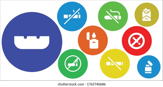 conjunto de iconos de cigarrillo. 9 iconos de cigarrillos rellenos.  Iconos modernos sencillos como: Cenicero, no fumar, no fumar, más ligero, cigarrillo