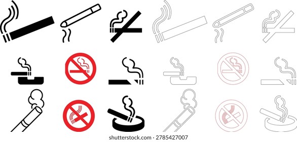 Cigarette icon set representing smoking habit, tobacco product, nicotine symbol, unhealthy lifestyle, smoke stick, addiction warning, tobacco consumption sign and minimal vector design