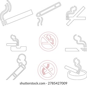 Cigarette icon set representing smoking habit, tobacco product, nicotine symbol, unhealthy lifestyle, smoke stick, addiction warning, tobacco consumption sign and minimal vector design