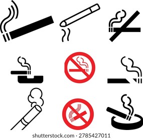 Cigarette icon set representing smoking habit, tobacco product, nicotine symbol, unhealthy lifestyle, smoke stick, addiction warning, tobacco consumption sign and minimal vector design