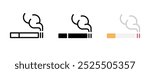 Cigarette icon. Smoke symbol. Smoking room sign. Smoker area or zone vector illustration. Nicotine addiction pictogram. Bad habit concept. Ashtray label. Cigarette simple flat line icon isolated.