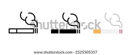 Cigarette icon. Smoke symbol. Smoking room sign. Smoker area or zone vector illustration. Nicotine addiction pictogram. Bad habit concept. Ashtray label. Cigarette simple flat line icon isolated.