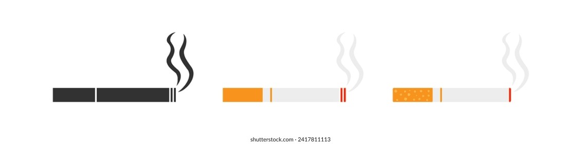 Icono de cigarrillo. Zona de fumadores. Humo, cigarro, signos de nicotina. Riesgo para la salud. Ilustración vectorial.