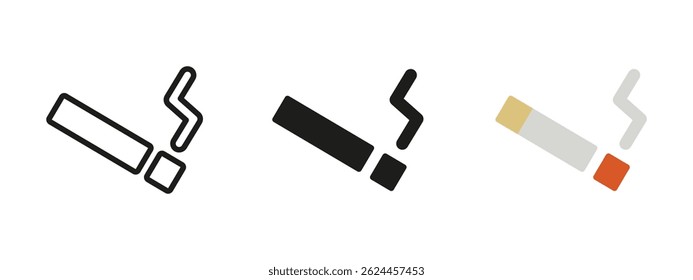 Cigarette icon. Smoking tobacco stick with smoke swirl vector illustration. Nicotine consumption and health risk sign. Warning, anti-smoking campaigns or designated smoking area label.