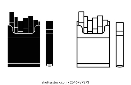 Vetor de ícone de cigarro com pacote. Símbolo de vetor de maço de cigarro de cigarro, conceito de mau hábito, símbolo de vício de nicotina. Símbolo e sinal de fumaça. Ilustração vetorial.
