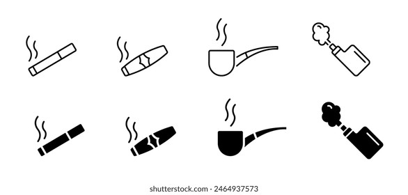 Cigarette icon vector set. Smoke area vector icons, signs. Cigarette, outline, solid icon