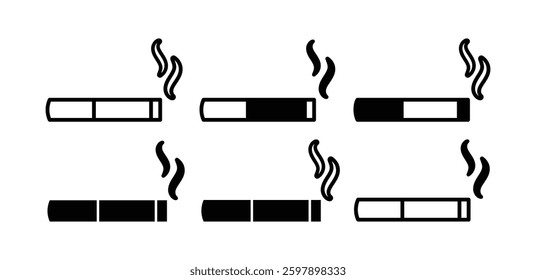 Cigarette Icons with Smoke Black and White Color Vector Design Illustration Set