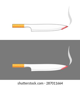 cigarette with knife form on gray and white background with blood dripping from its tip expressing its danger on people