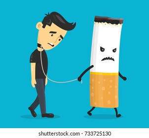 Cigarette leads to a chain young man. Smoking slave,stop nicotine,cigarette addiction.Vector flat cartoon character illustration icon design.Man person addict,nicotine,cigarette,tobacco,smoking slav