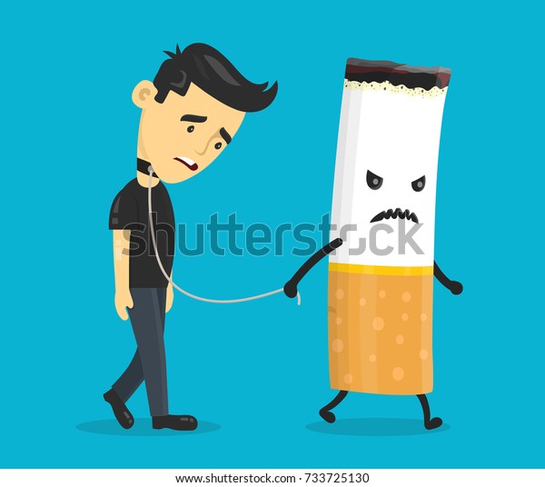 たばこは若い男の鎖につながる 喫煙奴隷 ニコチン たばこ中毒 ベクター画像の平らな漫画のキャラクターイラスト アイコンデザイン 青の背景に のベクター画像素材 ロイヤリティフリー