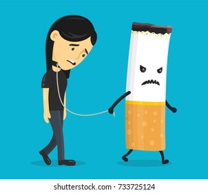 Cigarette leads to a chain of a young woman. Smoking slave, nicotine, cigarette addiction.Vector flat cartoon character illustration icon design. Isolated on blue background.