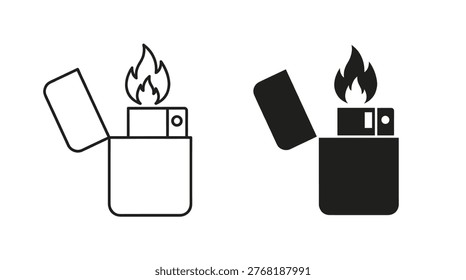 Cigarette lighter accessory icon collection in flat monochrome stencils, ignite, flame, burn, smoke, and light