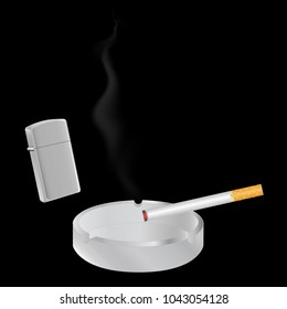 cigarette, lighter and ashtray isolated on black background vector illustration