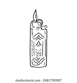 Cigarette lighter with fire in black isolated on white background. Hand drawn vector sketch illustration in doodle engraved vintage line art style. Concept of smoking, heat, fire safety