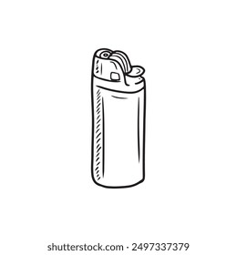 Cigarette lighter with fire in black isolated on white background. Hand drawn vector sketch illustration in doodle engraved vintage line art style. Concept of smoking, heat, fire safety.