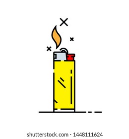 Cigarette lighter line icon. Yellow lighter symbol with flame and spark. Vector illustration.