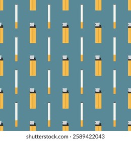 Cigarette and lighter seamless pattern. Bad addiction, tobacco and nicotine product. Texture pattern with yellow lighter and cigarette. Wallpaper template. No smoking. flat vector illustration