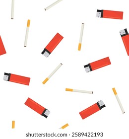 Cigarette and lighter seamless pattern. Bad addiction, tobacco and nicotine product. Texture pattern with red lighter and cigarette. Wallpaper template. Smoke problem. No smoking. vector illustration