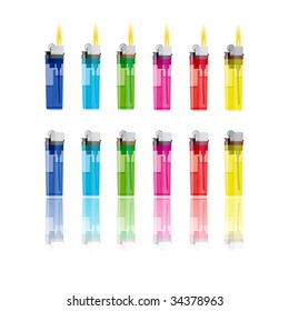 Cigarette lighter. Vector set of colored plastic lighters. Realistic icons lighters. Set lighters with fire or without. Gas lighters can be used for branding. Photorealistic colored lighters.