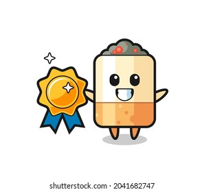 cigarette mascot illustration holding a golden badge , cute design