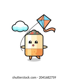 cigarette mascot illustration is playing kite , cute design