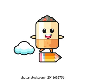 cigarette mascot illustration riding on a giant pencil , cute design