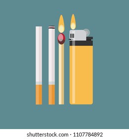 cigarrillo, fósforo y encendedor. Ilustración vectorial plana