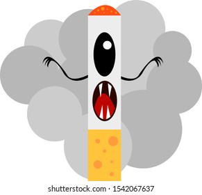 cigarette monster with sharp fangs and an open mouth on a background of gray smoke. The concept of the harm of smoking.