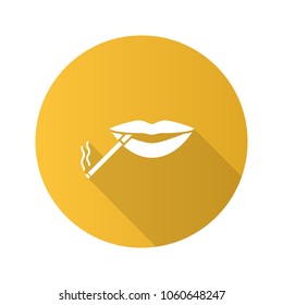 Cigarette in mouth flat design long shadow glyph icon. Smoking positive concept. Vector silhouette illustration