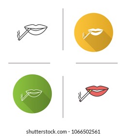 Cigarette in mouth icon. Smoking positive concept. Flat design, linear and color styles. Isolated vector illustrations