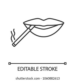 Cigarette in mouth linear icon. Thin line illustration. Smoking positive concept. Contour symbol. Vector isolated outline drawing. Editable stroke