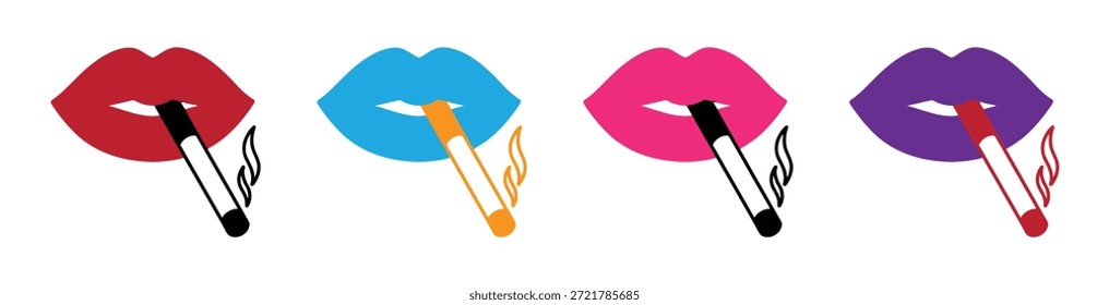 Cigarrillo en la boca icono lineal. Ilustración de línea delgada. Fumar concepto negativo. Símbolo de contorno. Dibujo de contorno aislado de trama. Labios vibrantes con cigarrillos en estilo gráfico moderno. 