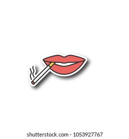 Cigarette in mouth patch. Smoking positive concept. Color sticker. Vector isolated illustration