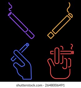 grupo de ícones de néon de cigarro, ilustração vetorial no fundo preto.