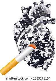 Cigarette on abstract black human heart. Stop smoking, World no tobacco day. Smoking is harmful to human organs. Resulting in organ damage and premature. Illustration on white background.